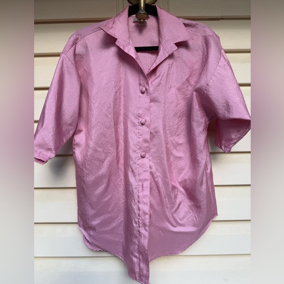 Vintage All Seasons Pink Crinkle Satin Button-Up Blouse, Made in USA, Size Small - Picture 1 of 6